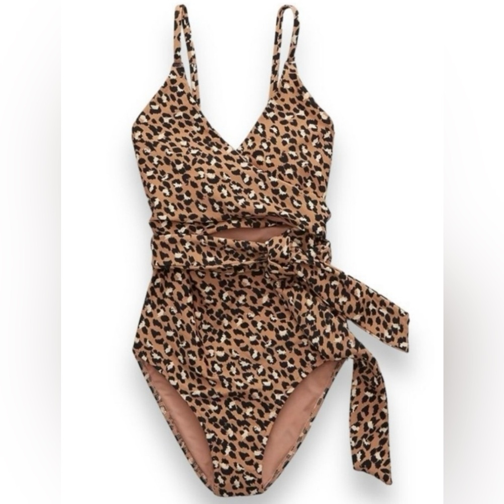Aerie leopard print wrap one piece bathing suit